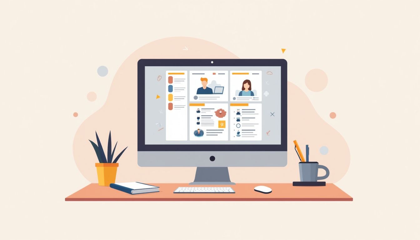 Een minimalistisch kantoorbureau met CRM-software en georganiseerde werkruimte.