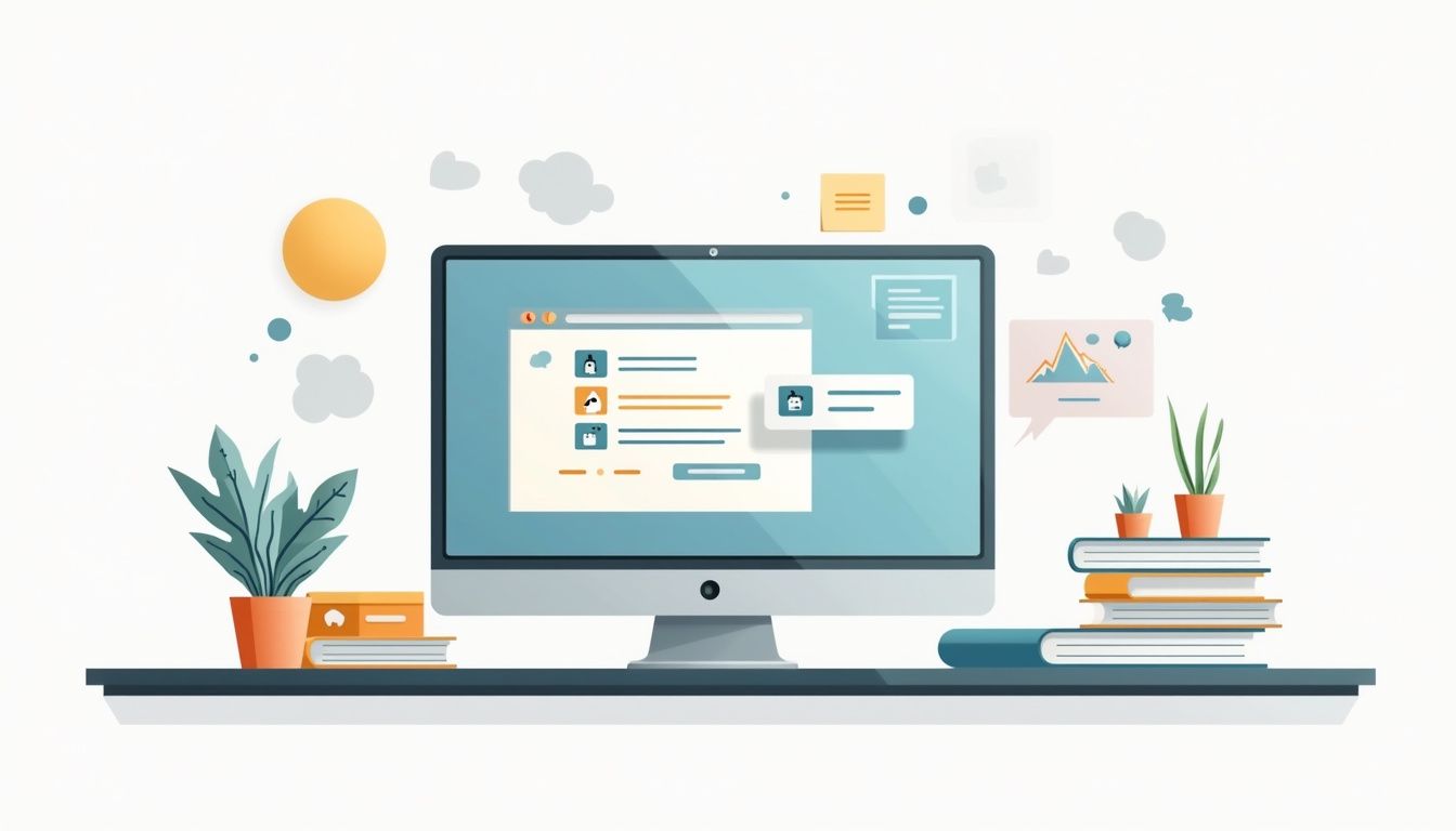 Een minimalistische vectorillustratie van een ouderwetse computer met CRM-interface.