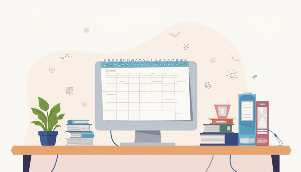 Een georganiseerd bureau in een modern kantoor met minimalistische stijl.