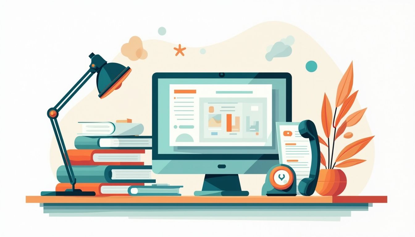 Een minimalistische vectorillustratie van een rommelig kantoor met geometrische vormen.