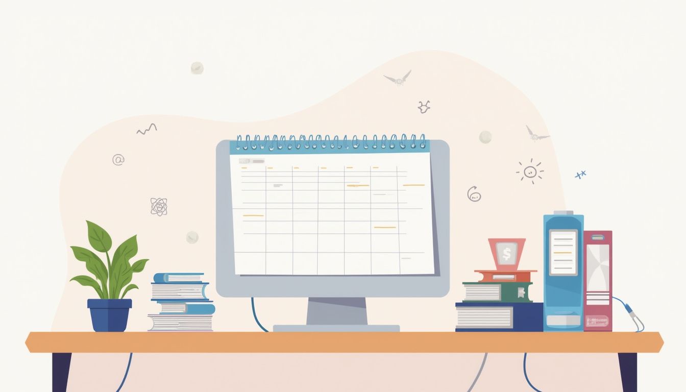 Een georganiseerd bureau in een modern kantoor met minimalistische stijl.