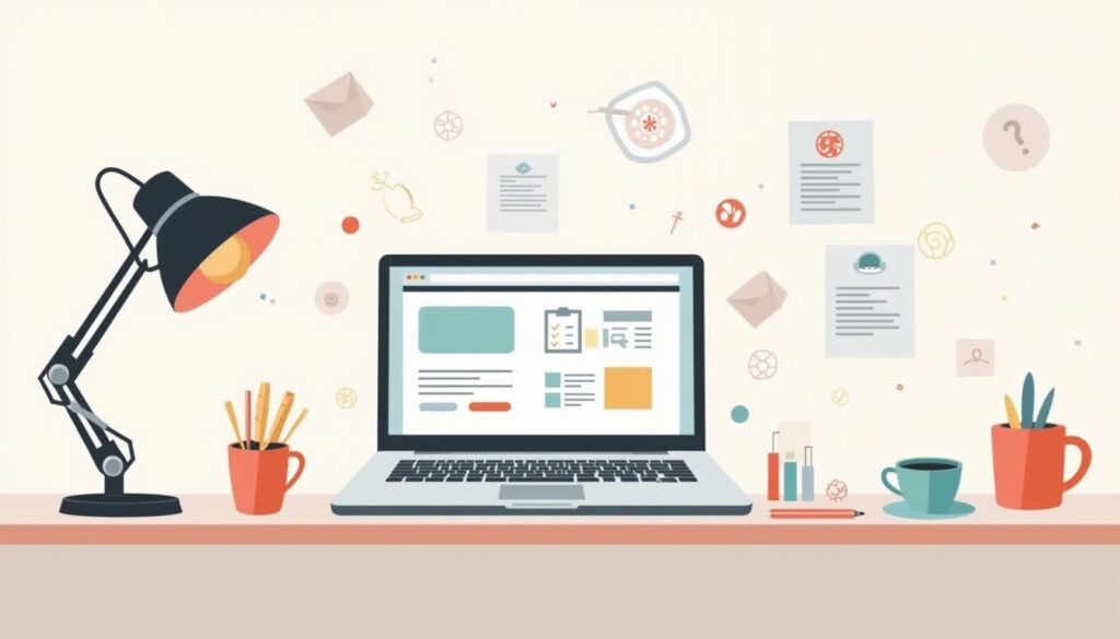 Een minimalistische vectorillustratie van een modern kantoor bureau met een open laptop en kantoorbenodigdheden.