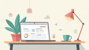 Een minimalistische werkruimte met laptop, koffiekopje en plant.