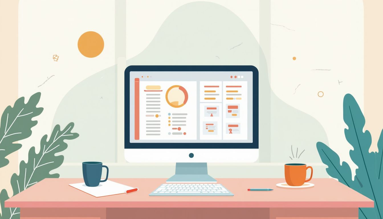 Een moderne thuiskantoor met minimalistisch design en CRM-interface op computer.