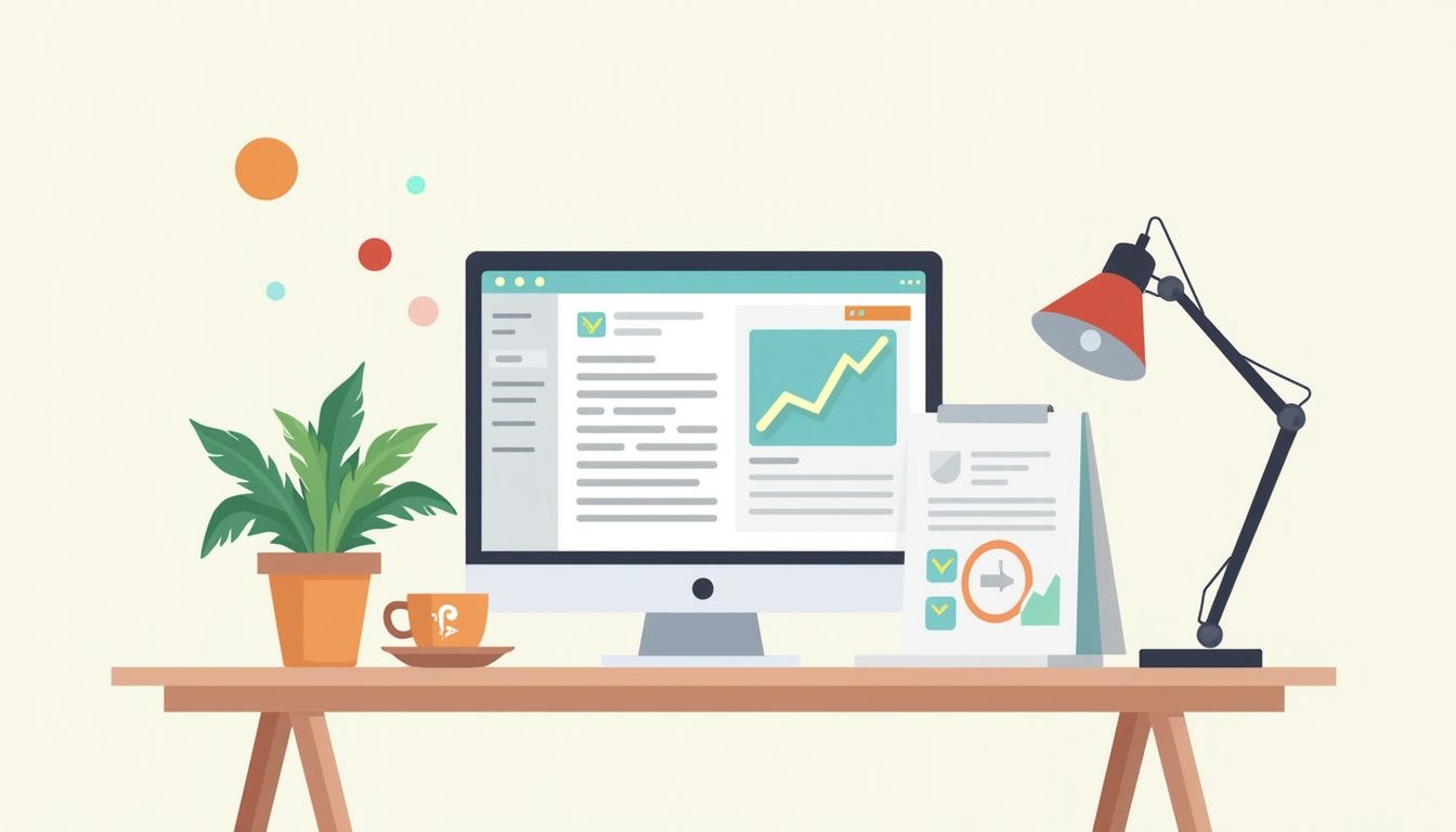 Een moderne kantoorwerkplek met financiële CRM-software en minimalistische elementen.