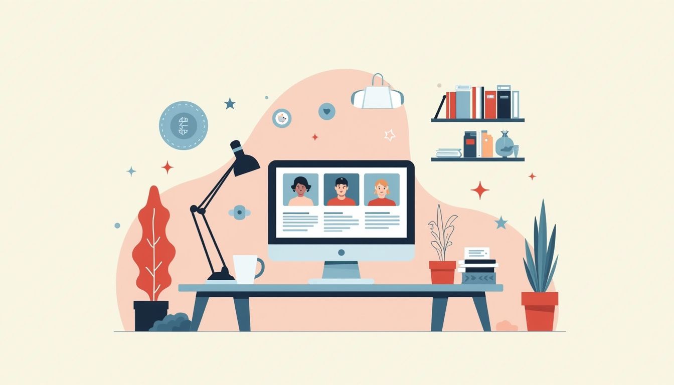 Een moderne minimalistische thuiswerkplek met abstracte geometrische elementen.