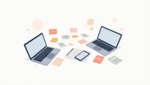 Een minimalistische werkplek met twee open laptops en CRM-software.