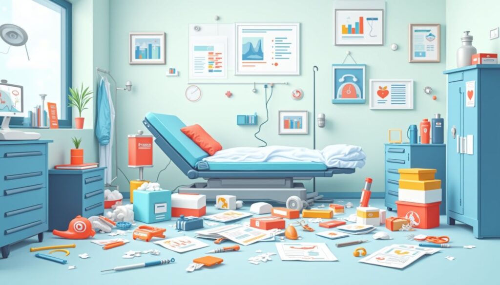 Een rommelige ziekenhuiskamer met medische apparatuur en abstracte vormen.