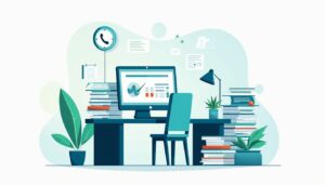 Een drukke kantoorruimte in de gezondheidszorg met minimalistische flat design illustratie.