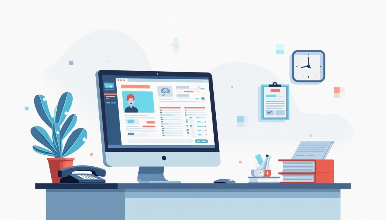 Een minimalistische platte vectorillustratie van een ziekenhuisfrontdesk.