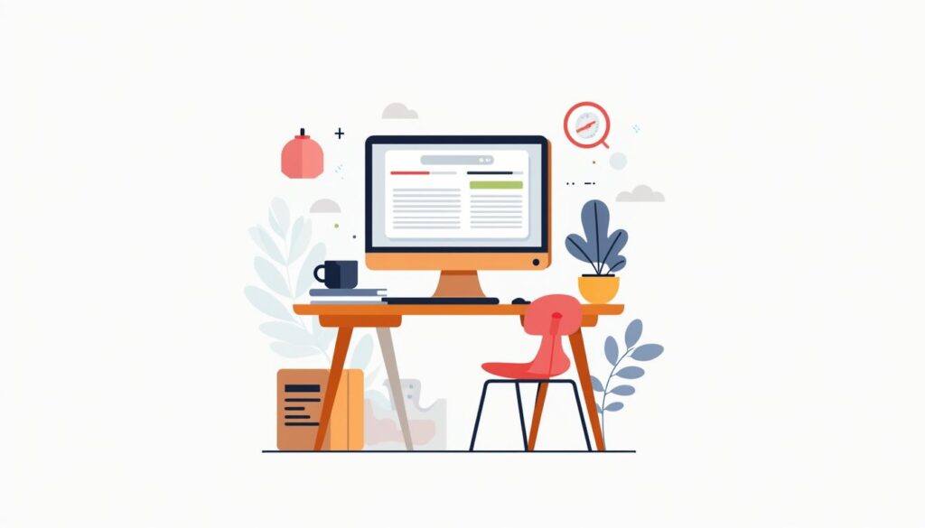 Een minimalistische werkplek met een non-profit CRM-interface, koffiemok en abstracte vormen.