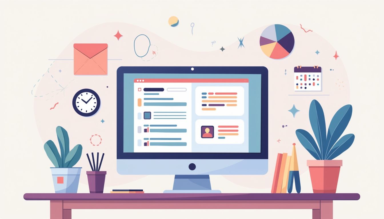 Een minimalistische flat vector illustratie van een georganiseerd kantoor bureau met een non-profit CRM dashboard op een computer scherm.