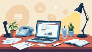 Een minimalistische vector illustratie van een rommelig kantoor bureau.