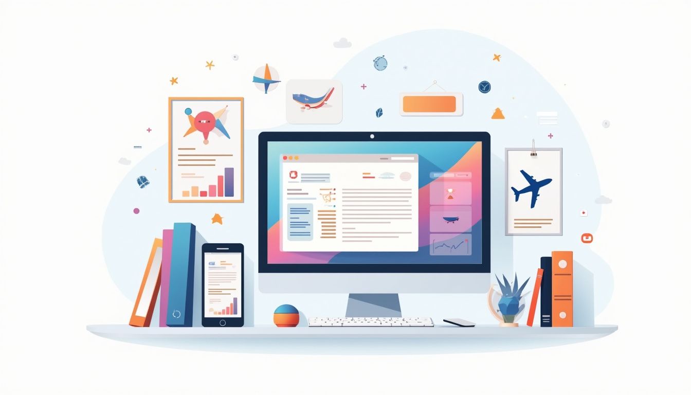 Een minimalistische flat design illustratie van een georganiseerd reis-CRM bureaublad.