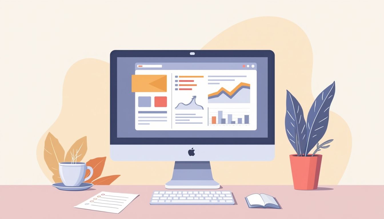 Een minimalistisch kantoor bureau met computer, koffie en papieren. Een minimalistisch kantoor bureau met computer, koffie en papieren.