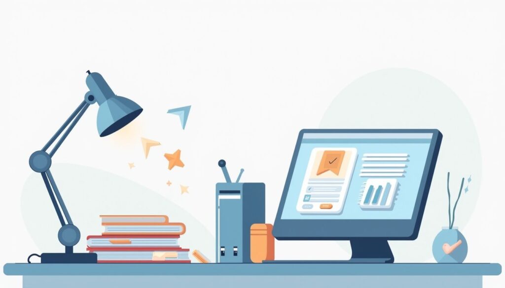 Een minimalistische kantoor bureau scene met computer en telefoon.