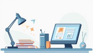 Een minimalistische kantoor bureau scene met computer en telefoon.