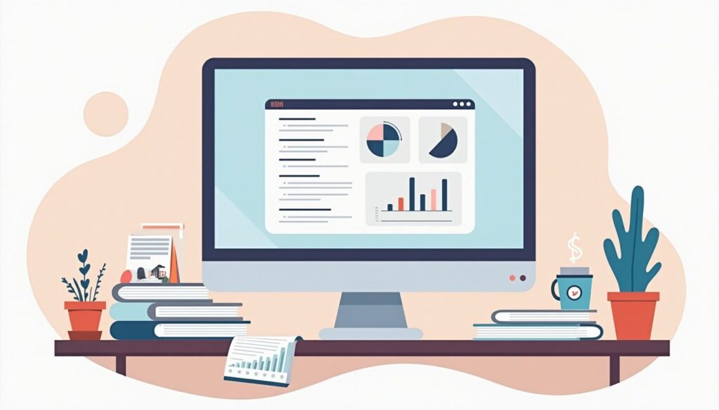 Een minimalistisch kantoorbureau met computer, papierwerk en koffie.