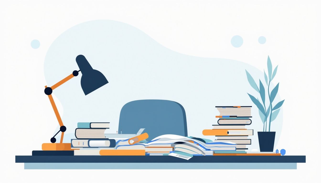 Een rommelig bureau in een makelaarskantoor, geïllustreerd in minimalistische stijl.