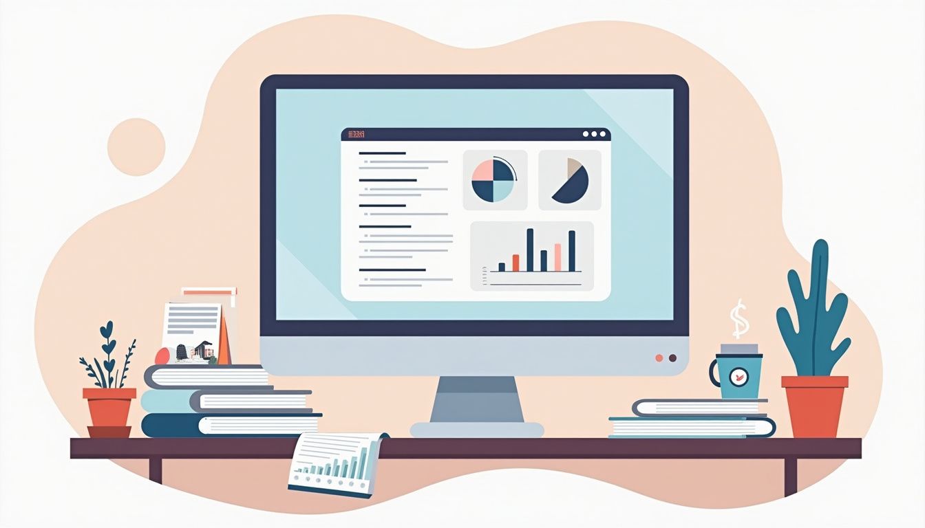 Een minimalistisch kantoorbureau met computer, papierwerk en koffie.