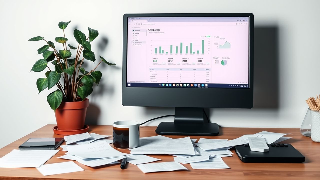 Een rommelig kantoorbureau met een CRM-dashboard en koffiemok.