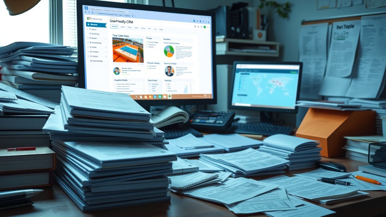 Een rommelig kantoorbureau met CRM-softwarehandleidingen en notitieblokken.