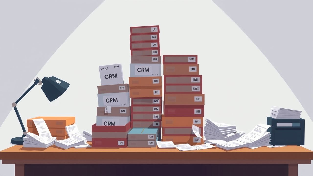 Een rommelig bureau met CRM-softwarekosten en papierwerk.