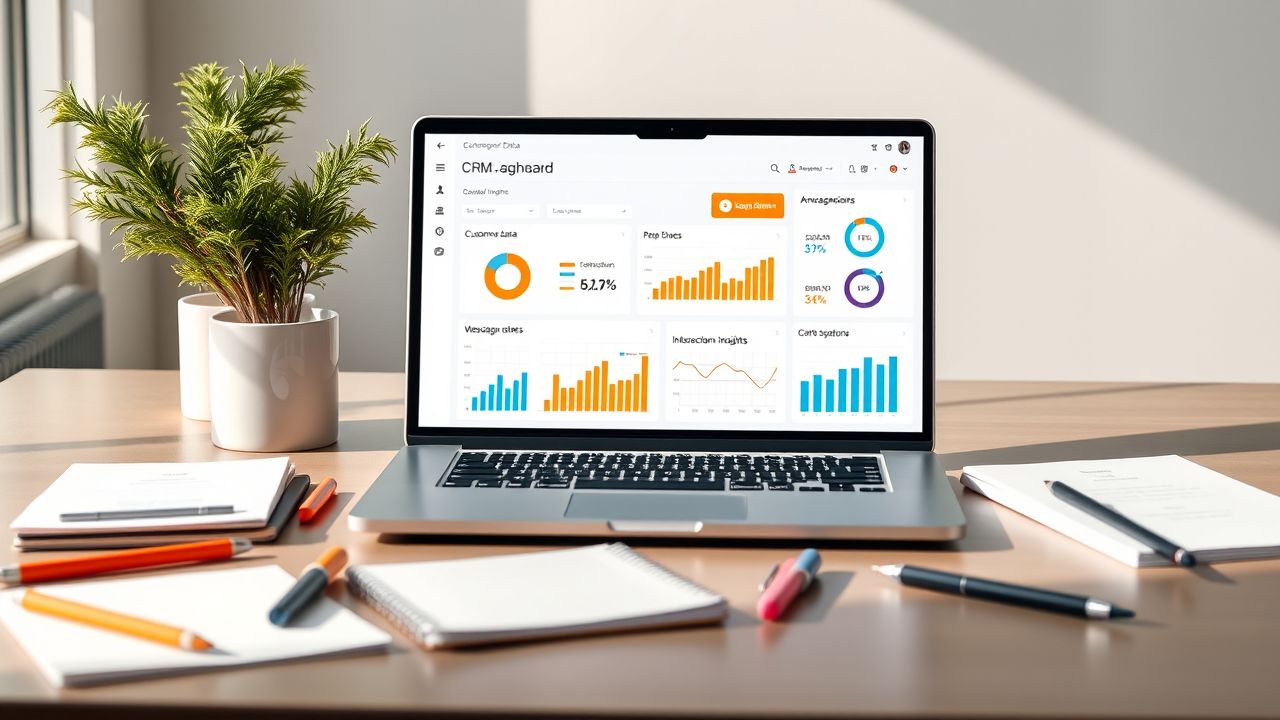 Een open laptop toont een CRM-software dashboard met georganiseerde klantgegevens.